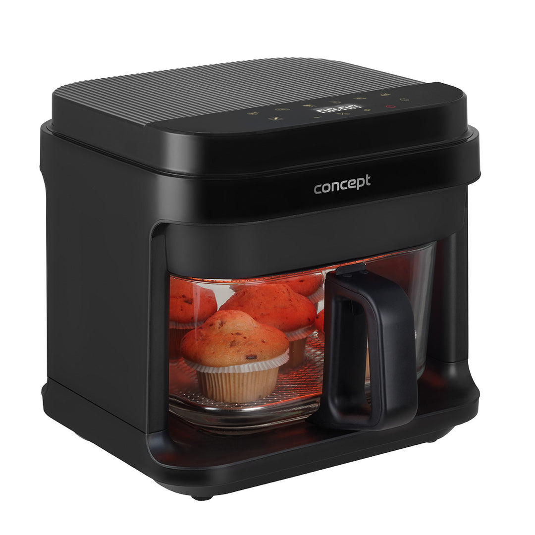 Friggitrice senza olio Concept Glass&Fast, capacità 5,5 L, 7 programmi, display LED touchscreen, modalità di frittura salutare, contenitore in vetro, FR5500