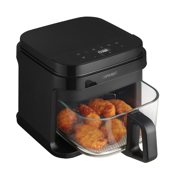 Friggitrice senza olio Concept Glass&Fast, capacità 5,5 L, 7 programmi, display LED touchscreen, modalità di frittura salutare, contenitore in vetro, FR5500