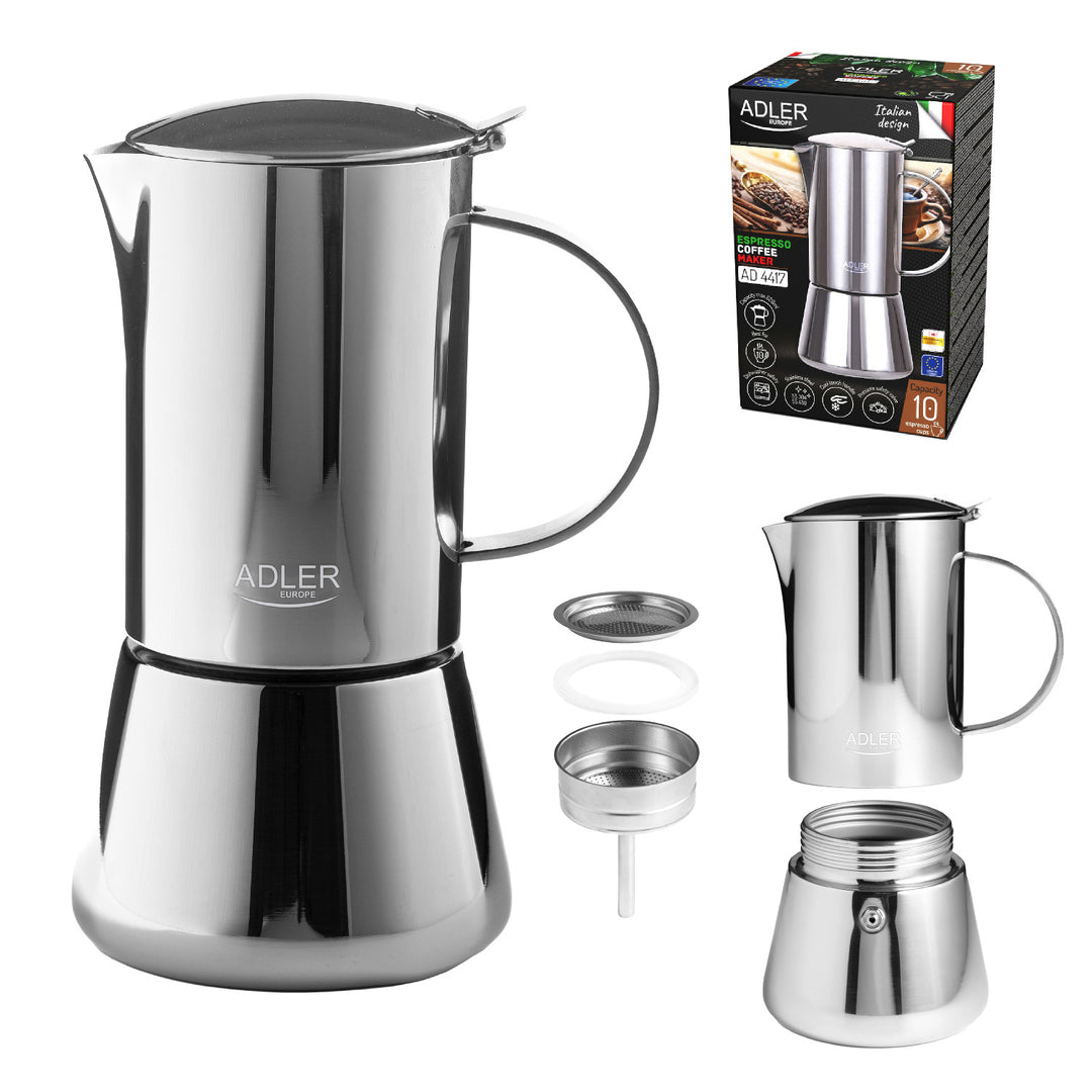 Caffettiera Adler, macchina per caffè espresso, capacità 620 ml, colore argento acciaio, AD 4417