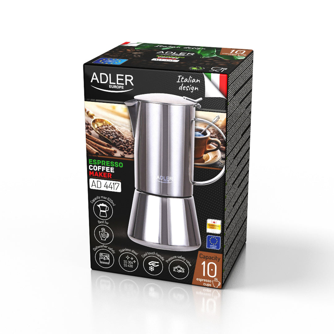 Caffettiera Adler, macchina per caffè espresso, capacità 620 ml, colore argento acciaio, AD 4417