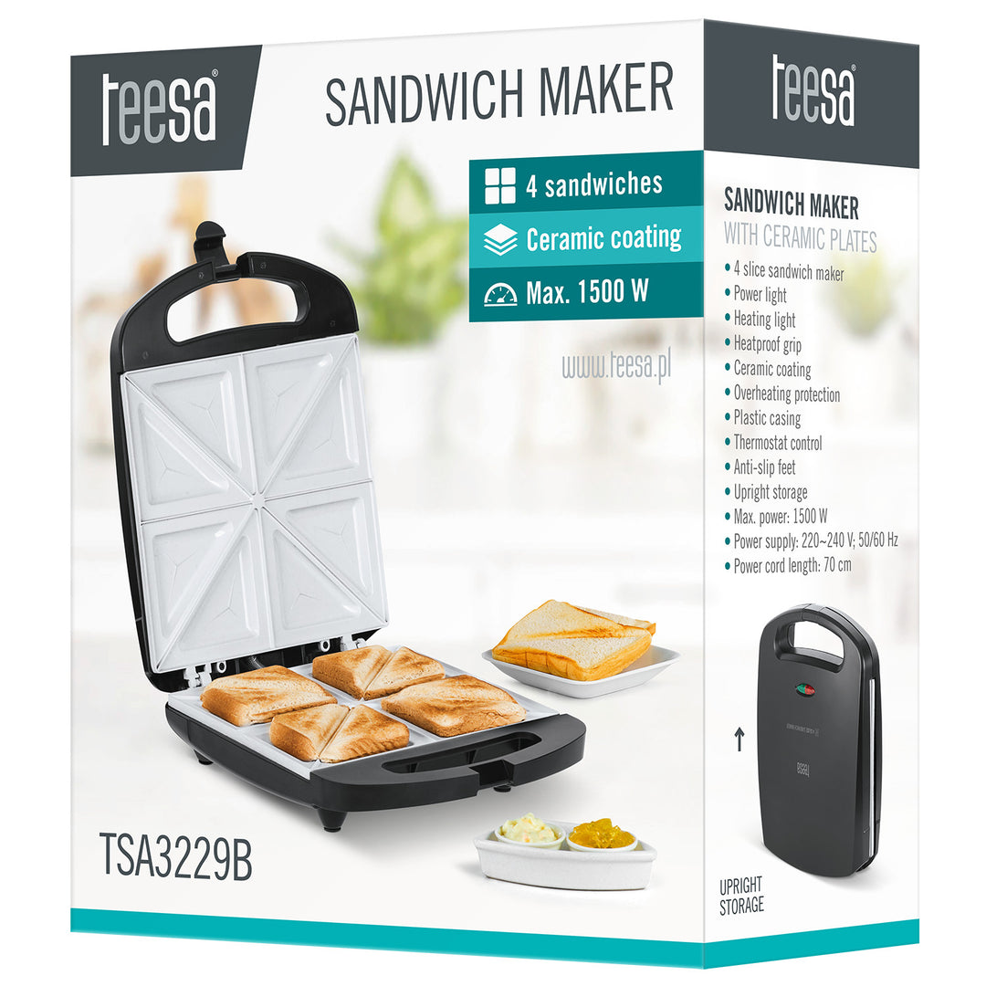 Tostapane Teesa, piastre in ceramica, per 4 panini, potenza massima 1500 W, TSA3229B