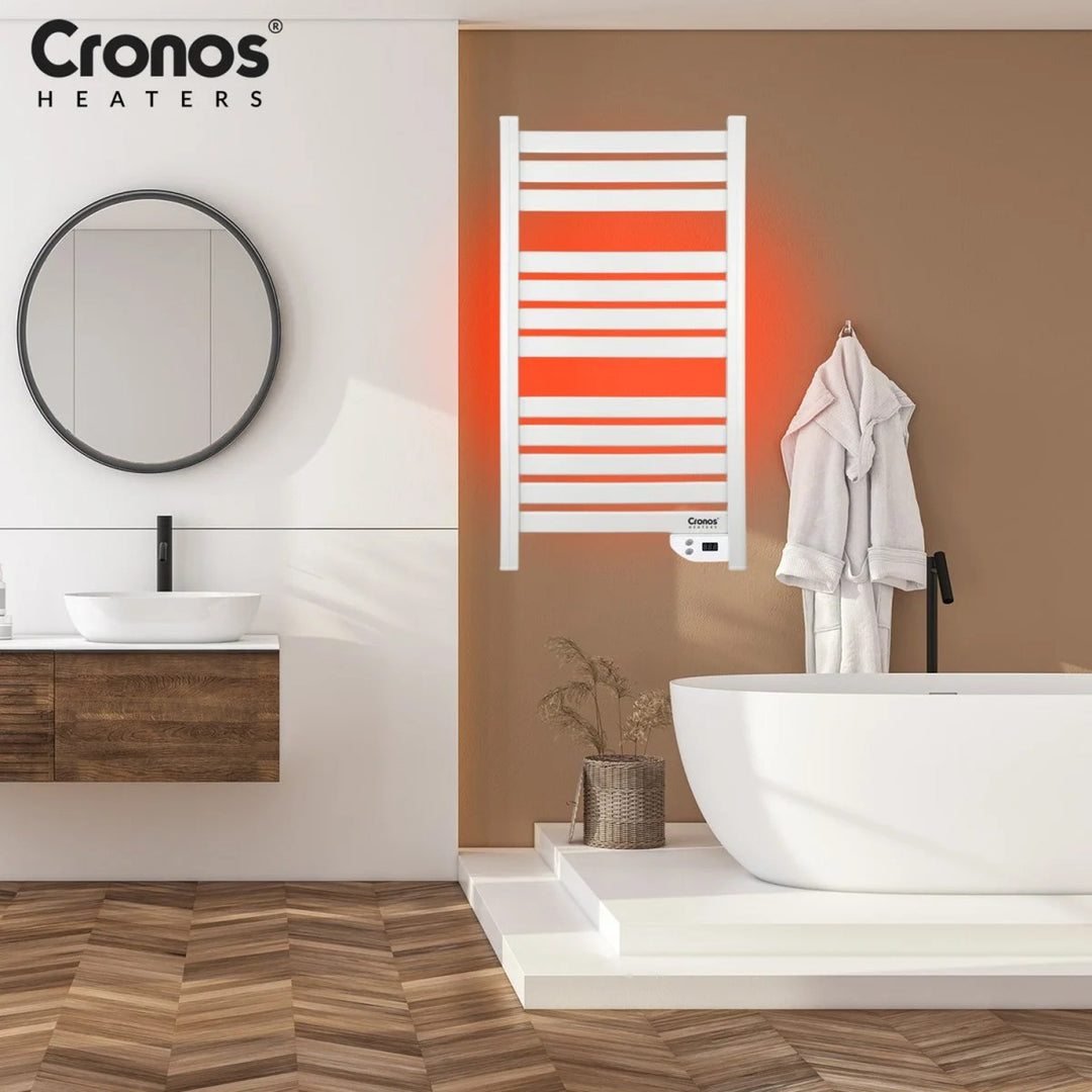 Radiatore elettrico da bagno Cronos, potenza 500 W, riscalda ambienti fino a 6 m², display LCD, funzione AUTO, TIMER e rilevamento finestra aperta, TW-500