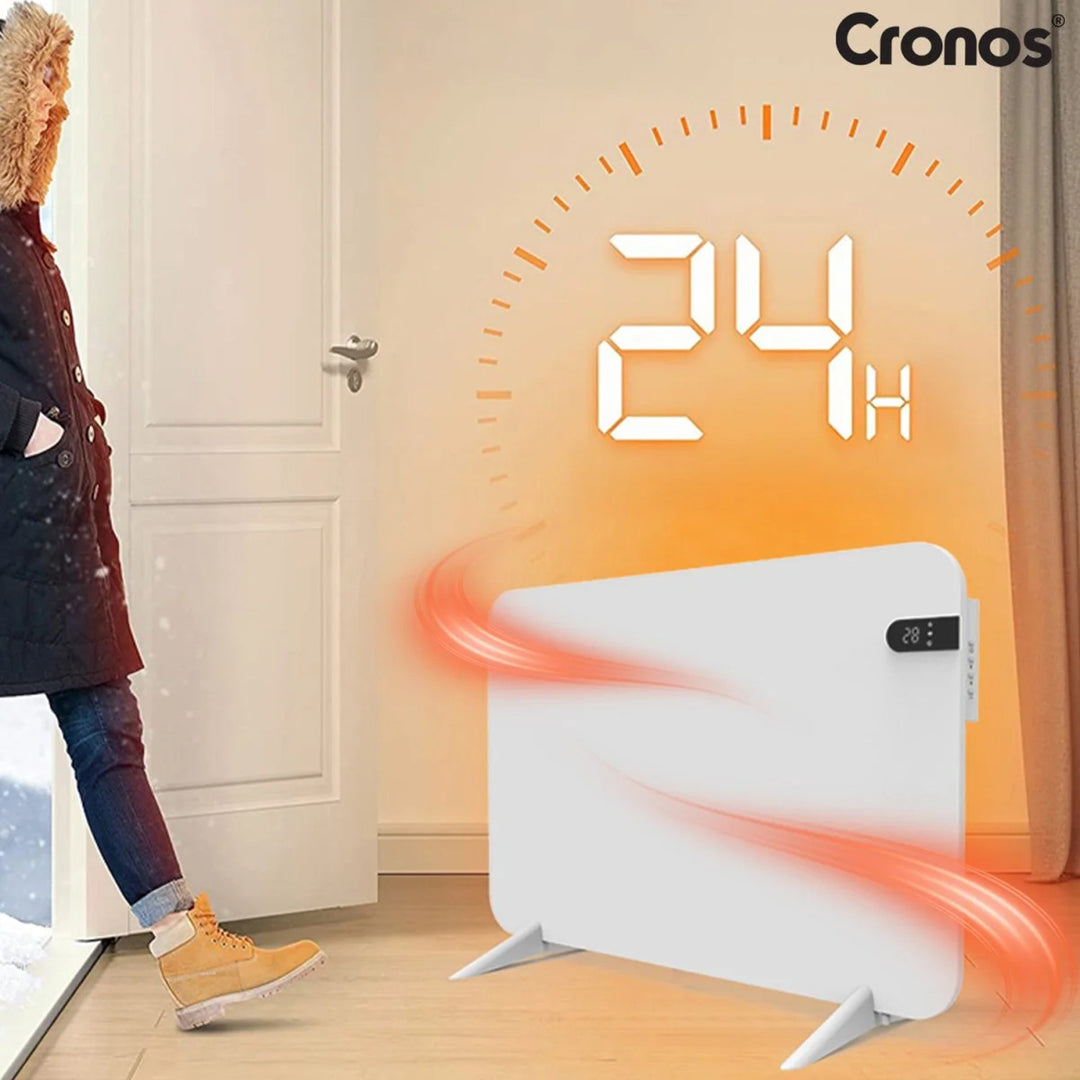 Riscaldatore elettrico Cronos, colore bianco, potenza 450 W, riscaldamento di ambienti fino a 14 m², termostato integrato, comando a distanza, funzione di rilevamento finestra aperta, piedini inclusi, WFH-450TW
