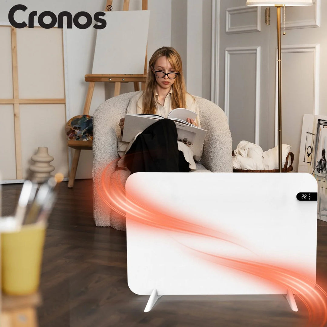 Riscaldatore elettrico Cronos, colore bianco, potenza 450 W, riscaldamento di ambienti fino a 14 m², termostato integrato, comando a distanza, funzione di rilevamento finestra aperta, piedini inclusi, WFH-450TW