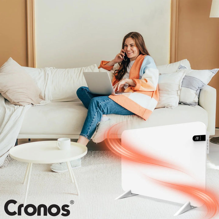 Riscaldatore elettrico Cronos, colore bianco, potenza 450 W, riscaldamento di ambienti fino a 14 m², termostato integrato, comando a distanza, funzione di rilevamento finestra aperta, piedini inclusi, WFH-450TW