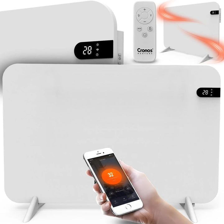 Riscaldatore elettrico Cronos, colore bianco, potenza 450 W, riscaldamento di ambienti fino a 14 m², termostato integrato, comando a distanza, funzione di rilevamento finestra aperta, piedini inclusi, WFH-450TW