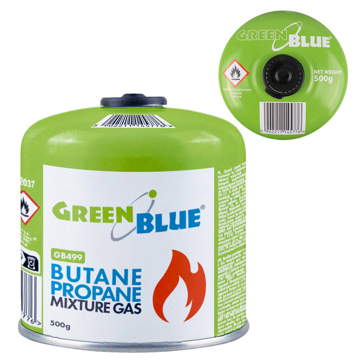 Bombola di gas da 500 g GreenBlue. Certificato: Pi 0437, conforme alla norma EN 417, butano-propano, intervallo di temperatura da -10 °C a +40 °C, valvola filettata da 7/16'' GB499