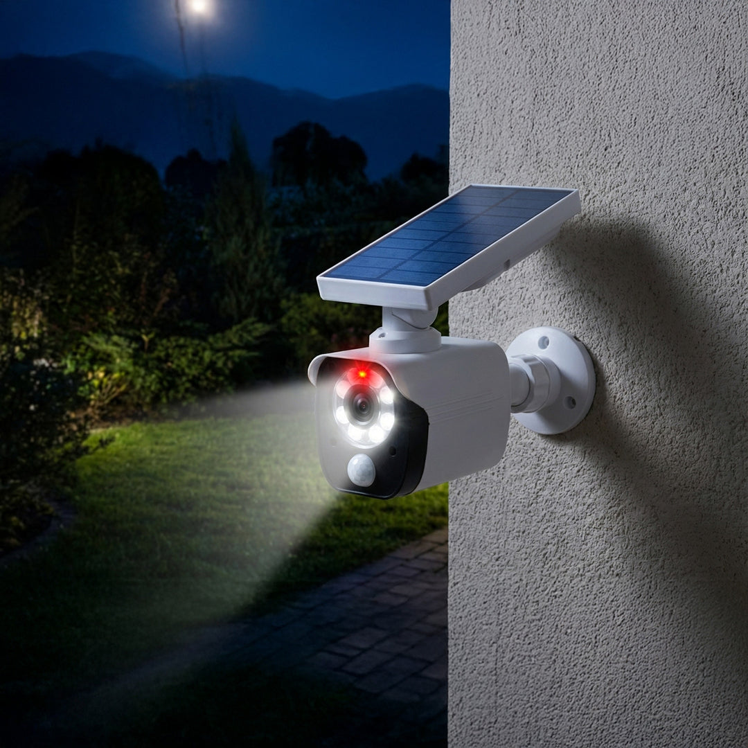 Falsa telecamera solare, LED lampeggiante, sensore di movimento, illuminazione a LED, adesivo gratuito, SOL1800S, 2 pezzi
