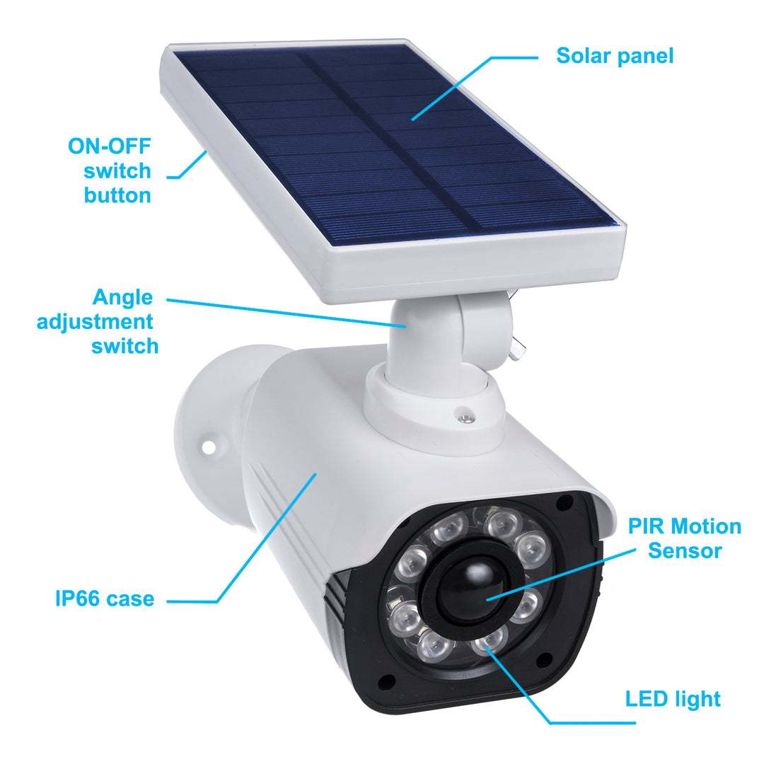 Falsa telecamera solare, LED lampeggiante, sensore di movimento, illuminazione a LED, adesivo gratuito, SOL1800S, 4 pezzi