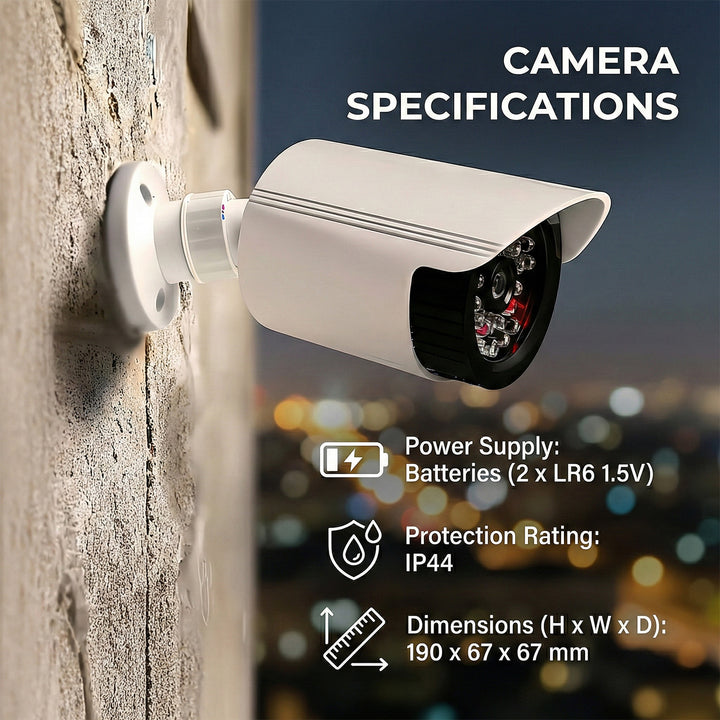 Set di due telecamere tubolari finte, LED IR, bianche, alimentazione 2xAA (incluse), ABS, IR1800 WT