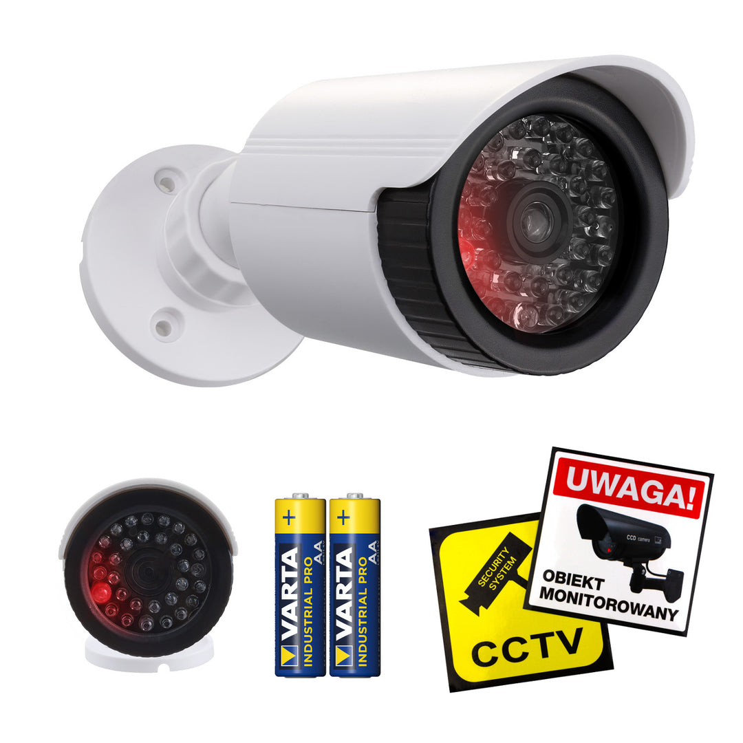 Falsa telecamera tubolare, LED IR, bianca, alimentazione 2xAA (incluse), ABS, IR1800 W