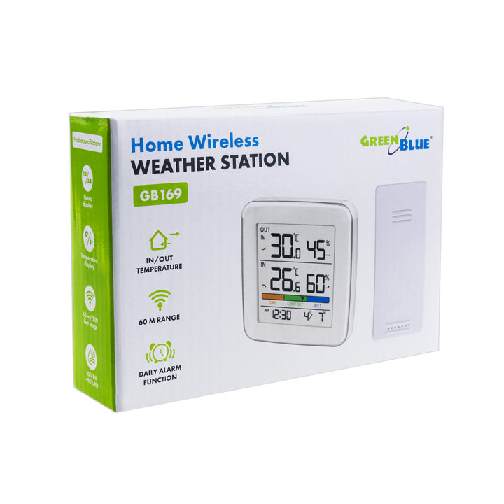 Stazione meteorologica wireless GreenBlue, temperatura + umidità IN/OUT, orologio + sveglia + data, scelta tra °C / °F, portata fino a 60 m, GB169, 4 batterie AAA