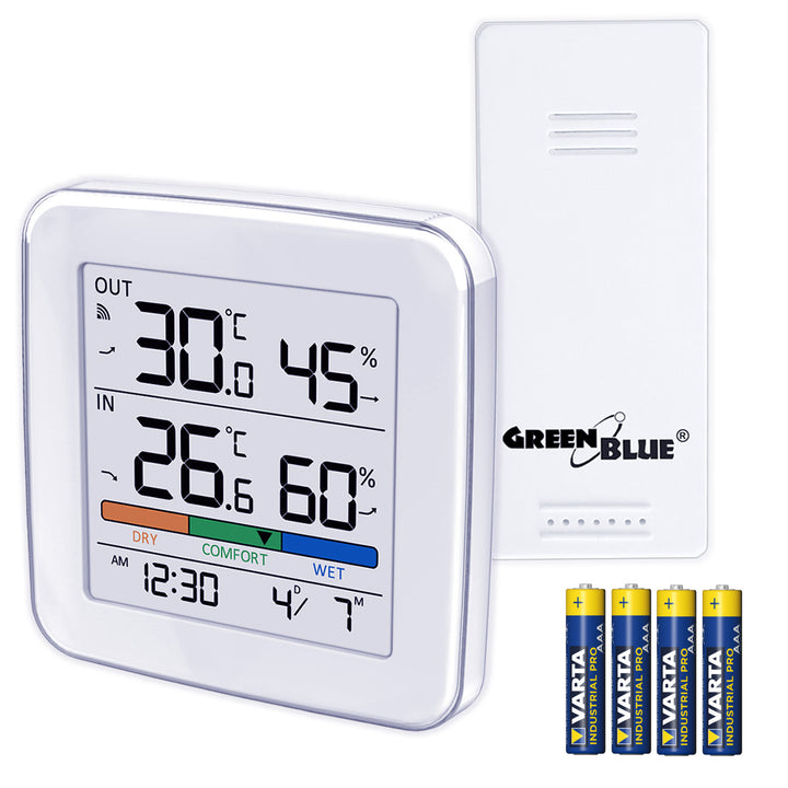 Stazione meteorologica wireless GreenBlue, temperatura + umidità IN/OUT, orologio + sveglia + data, scelta tra °C / °F, portata fino a 60 m, GB169, 4 batterie AAA