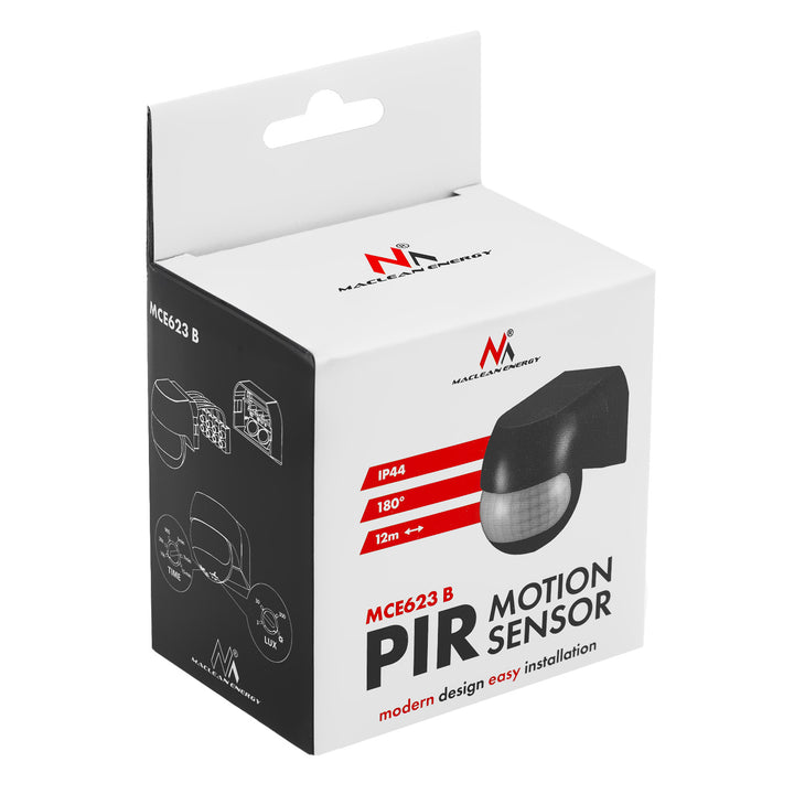 Rilevatore di movimento PIR 12-24 V Maclean, a infrarossi, IP44, nero, portata 12 m, carico massimo 60/120 W, MCE623 B