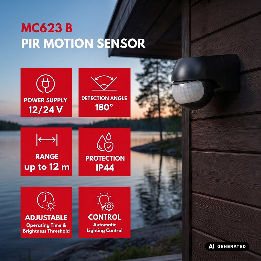 Rilevatore di movimento PIR 12-24 V Maclean, a infrarossi, IP44, nero, portata 12 m, carico massimo 60/120 W, MCE623 B