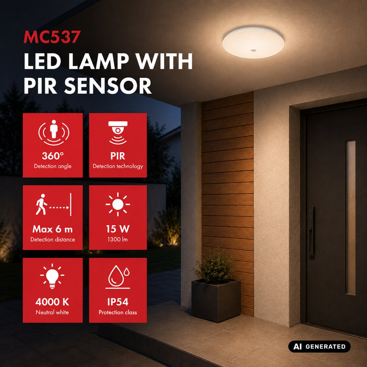 Lampada LED con sensore PIR Maclean, da soffitto, 15 W, 1300 lm, IP54, 220-240 V~ 50/60 Hz, MCE537