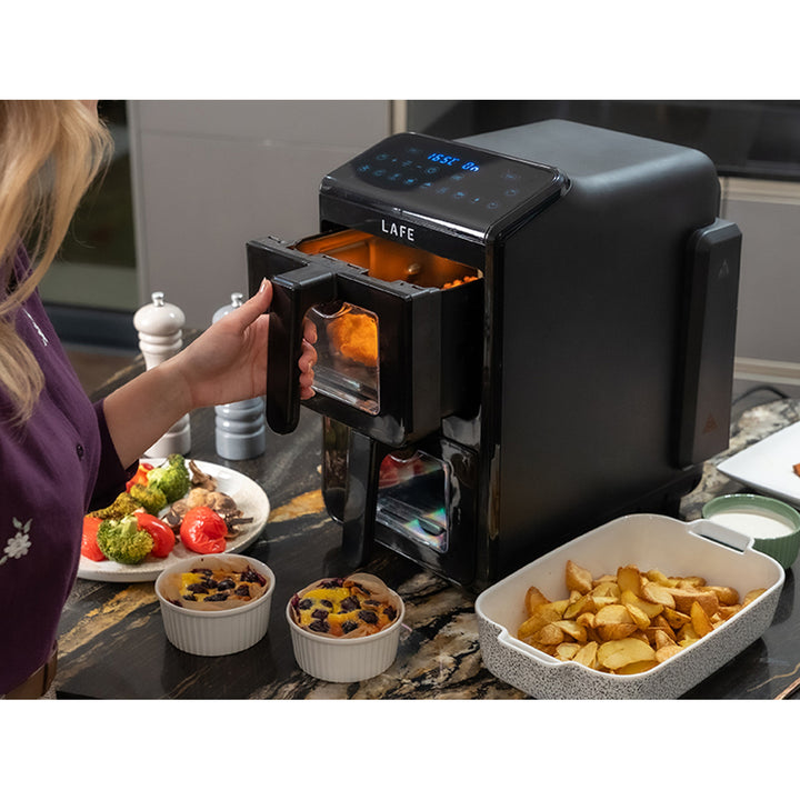 Friggitrice senza olio LAFE, air fryer, 2 camere da 5 L, potenza 2460 W, display LCD, Dual Fry