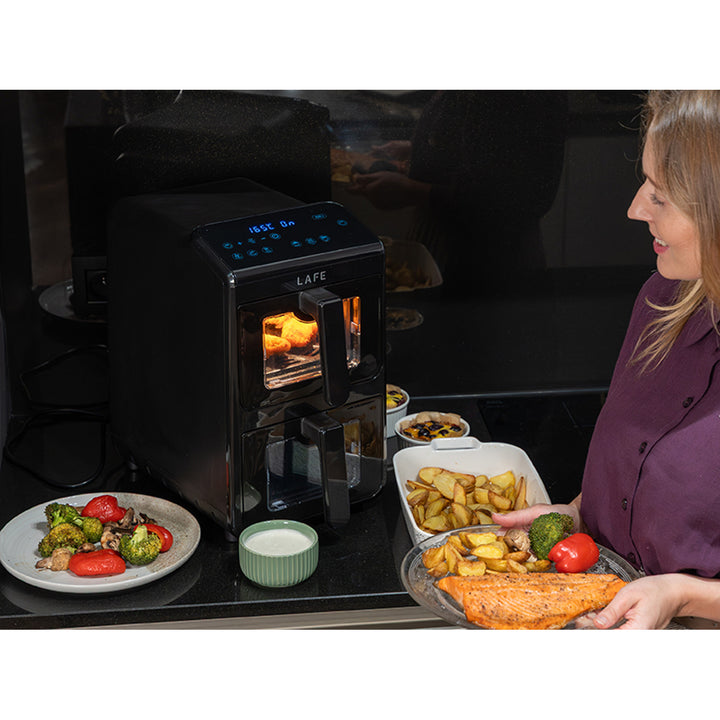Friggitrice senza olio LAFE, air fryer, 2 camere da 5 L, potenza 2460 W, display LCD, Dual Fry