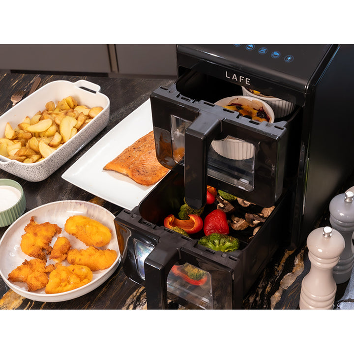 Friggitrice senza olio LAFE, air fryer, 2 camere da 5 L, potenza 2460 W, display LCD, Dual Fry