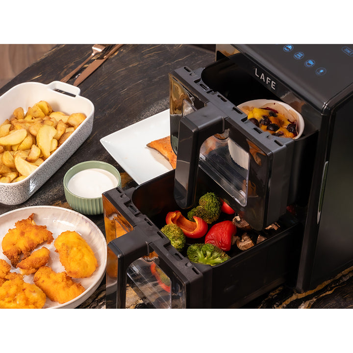 Friggitrice senza olio LAFE, air fryer, 2 camere da 5 L, potenza 2460 W, display LCD, Dual Fry