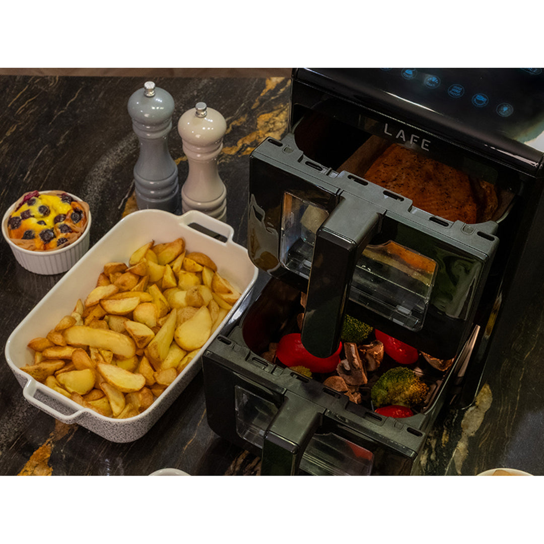 Friggitrice senza olio LAFE, air fryer, 2 camere da 5 L, potenza 2460 W, display LCD, Dual Fry