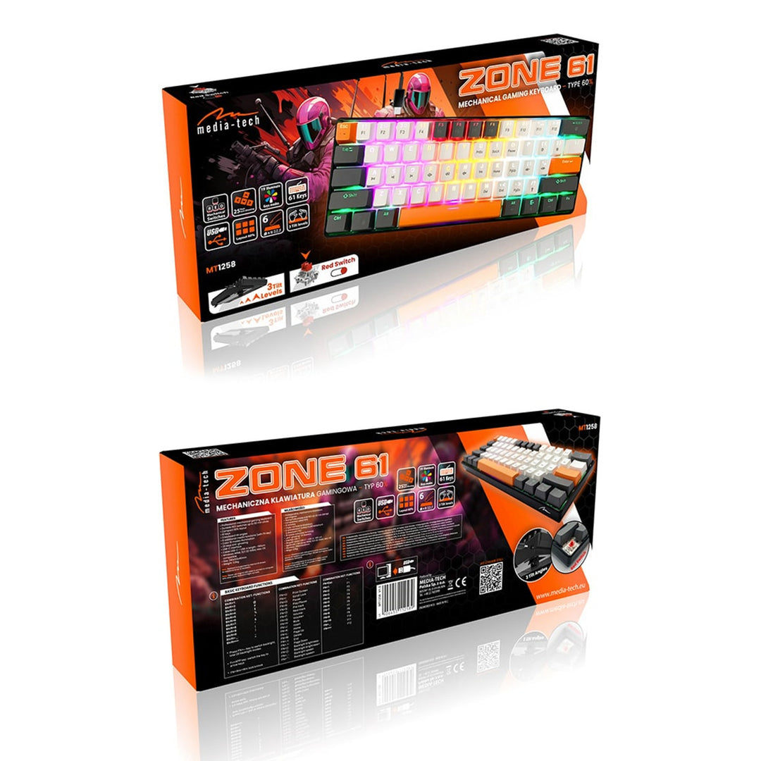 ZONE 61 - Tastiera meccanica da gioco short 60%, switch meccanici silent RED, retroilluminazione colorata, 61 tasti, USB-C, Mediatech