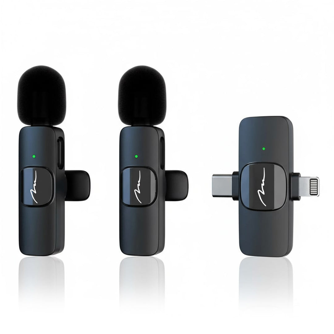 MICRO-MIC DUO - 2 microfoni wireless a clip (set), iOS e Android (OTG), mini, super sensibili. USB-C e LIGHTNING, Mediatech