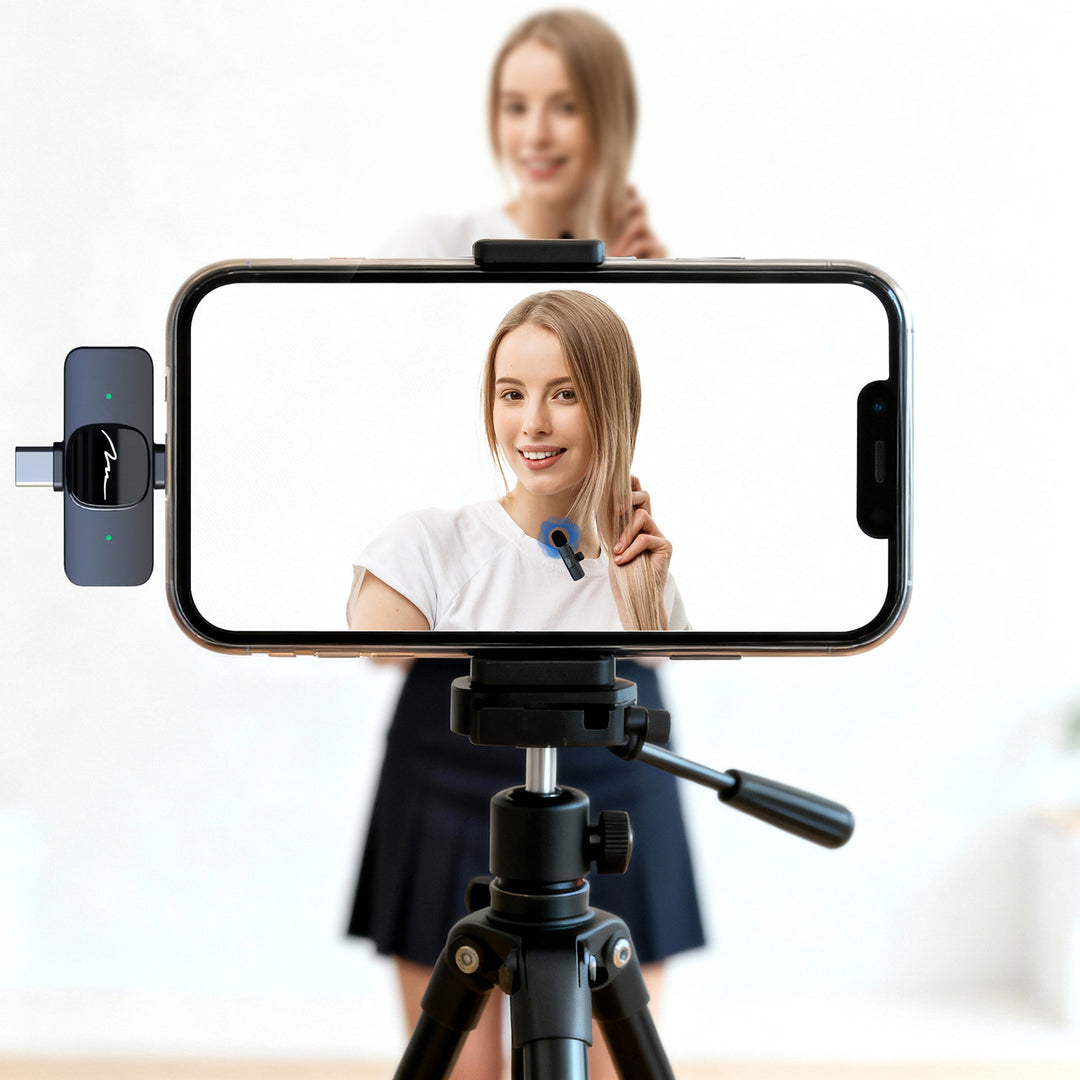 MICRO-MIC DUO - 2 microfoni wireless a clip (set), iOS e Android (OTG), mini, super sensibili. USB-C e LIGHTNING, Mediatech