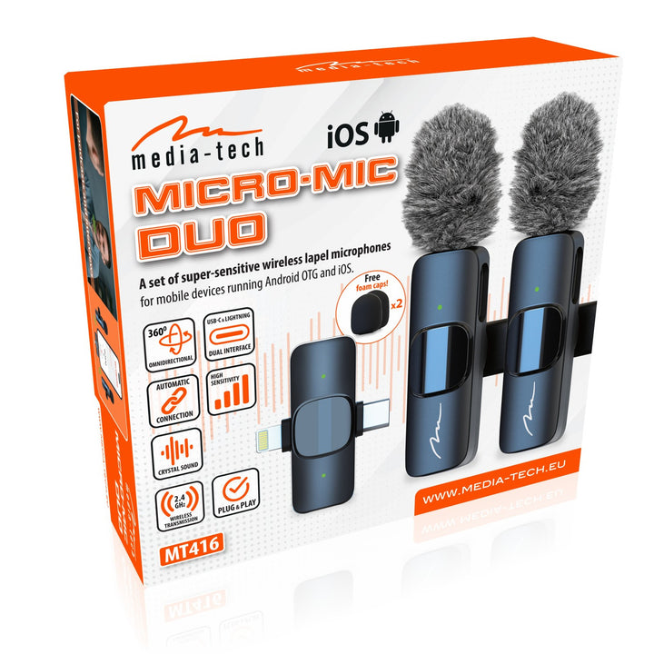 MICRO-MIC DUO - 2 microfoni wireless a clip (set), iOS e Android (OTG), mini, super sensibili. USB-C e LIGHTNING, Mediatech