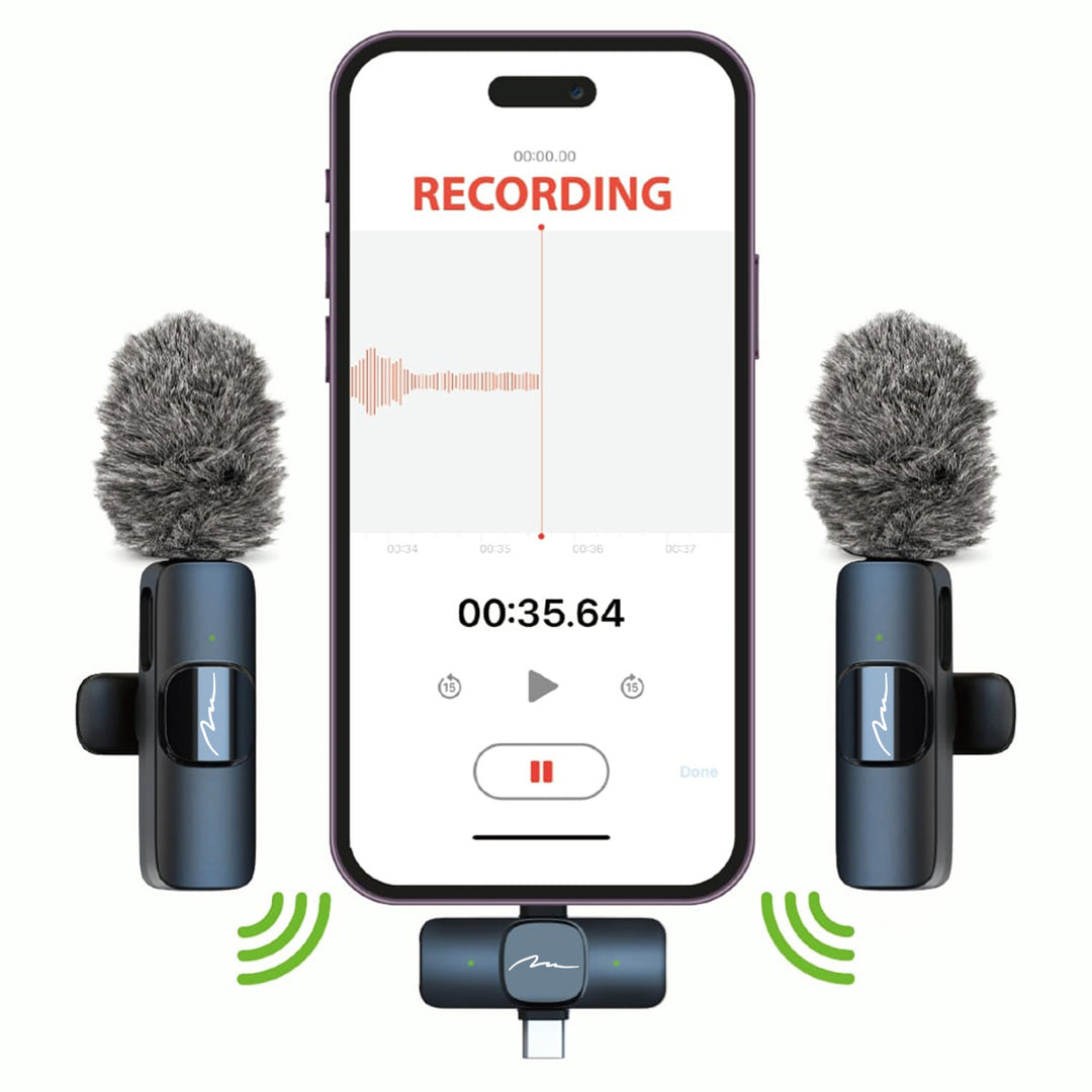 MICRO-MIC DUO - 2 microfoni wireless a clip (set), iOS e Android (OTG), mini, super sensibili. USB-C e LIGHTNING, Mediatech