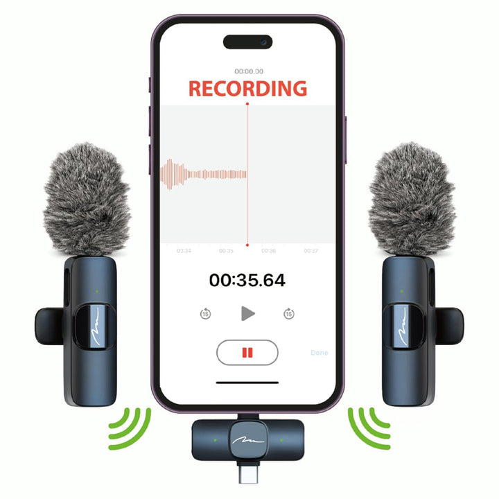 MICRO-MIC DUO - 2 microfoni wireless a clip (set), iOS e Android (OTG), mini, super sensibili. USB-C e LIGHTNING, Mediatech