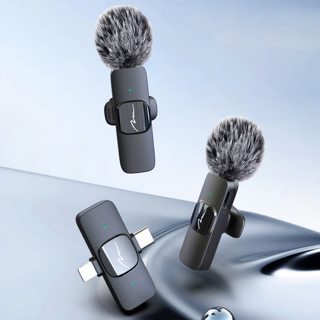 MICRO-MIC DUO - 2 microfoni wireless a clip (set), iOS e Android (OTG), mini, super sensibili. USB-C e LIGHTNING, Mediatech