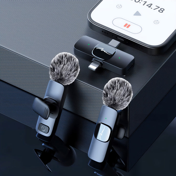 MICRO-MIC DUO - 2 microfoni wireless a clip (set), iOS e Android (OTG), mini, super sensibili. USB-C e LIGHTNING, Mediatech