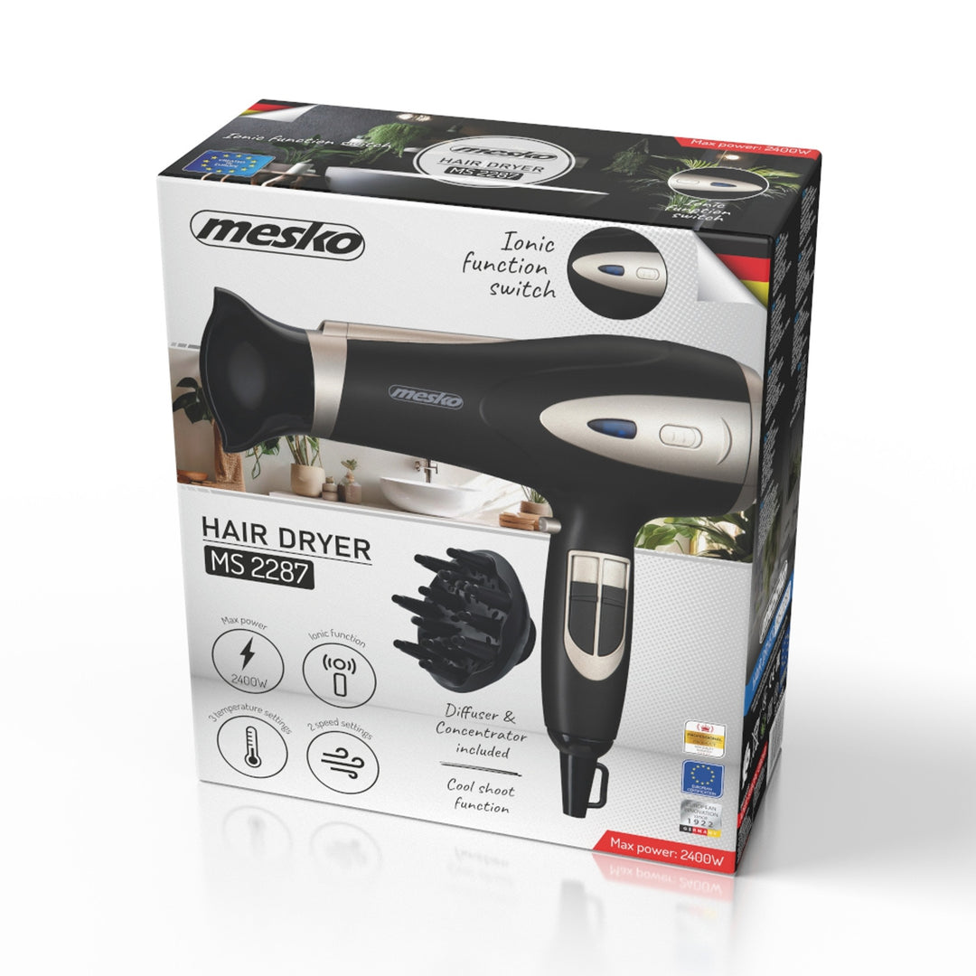 Asciugacapelli Mesko, funzione ionizzazione, diffusore, potenza 2200 W, nero, MS 2287