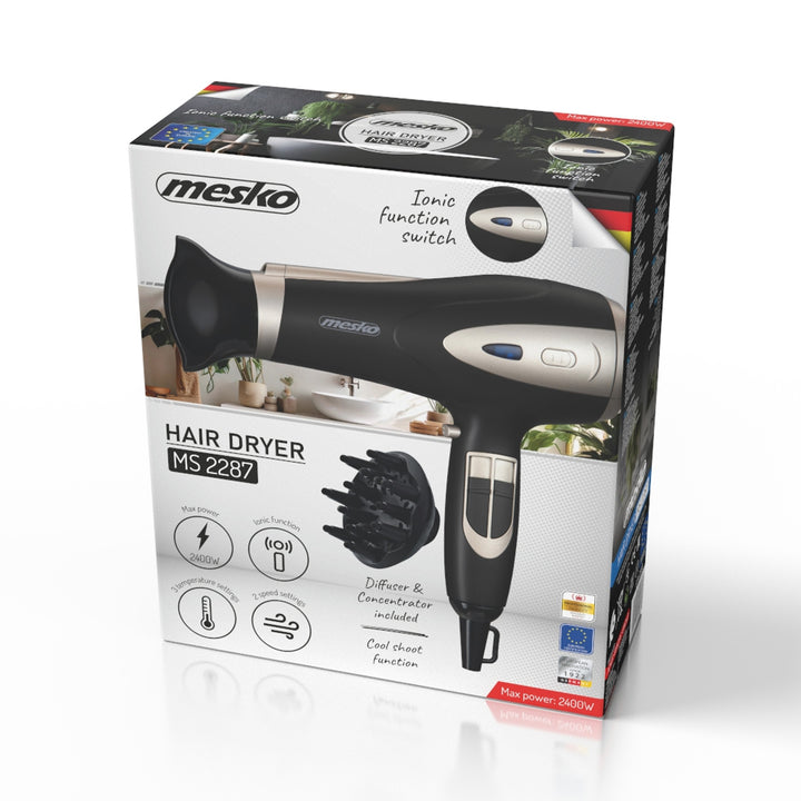 Asciugacapelli Mesko, funzione ionizzazione, diffusore, potenza 2200 W, nero, MS 2287