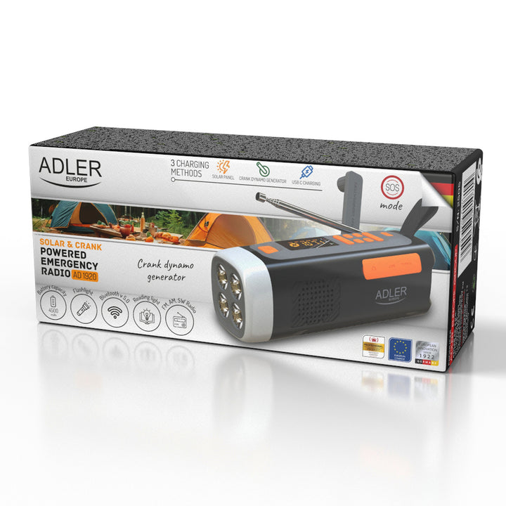 Radio di emergenza Adler, con pannello solare, manovella e powerbank, Bluetooth 5.0, torcia LED 4W, 4500 mAh, AD 1920