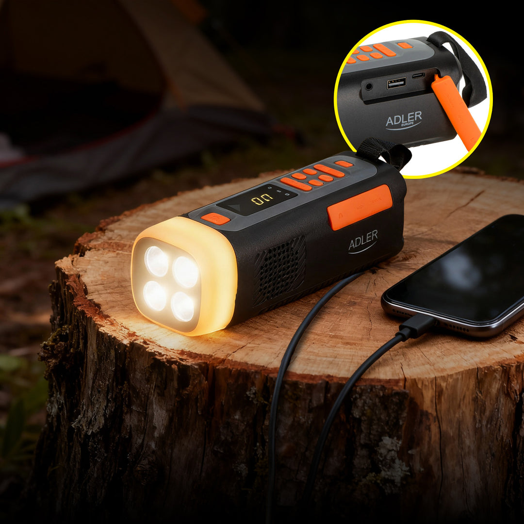 Radio di emergenza Adler, con pannello solare, manovella e powerbank, Bluetooth 5.0, torcia LED 4W, 4500 mAh, AD 1920