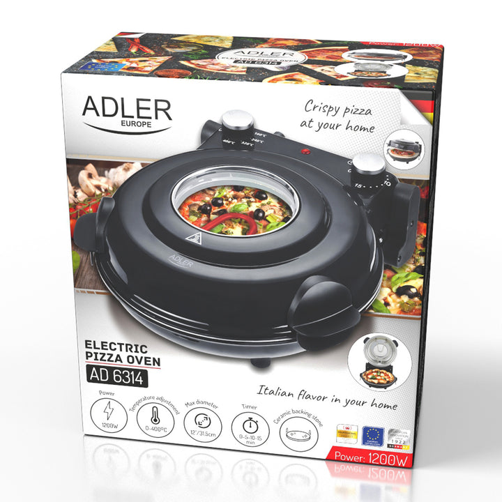 Forno per pizza Adler, regolazione della temperatura fino a 400 °C, pietra ceramica, due resistenze, AD 6314