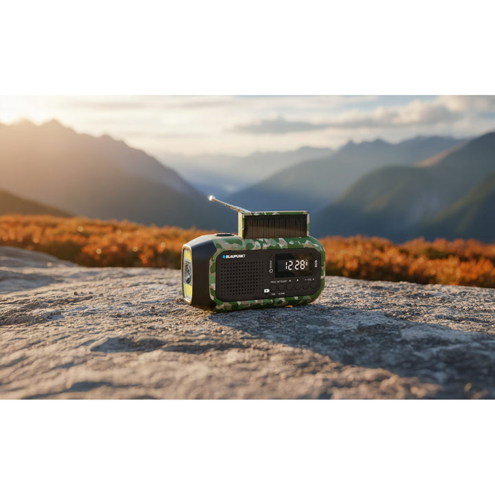 Radio FM con allarme Blaupunkt, torcia LED, luce di lettura, triplo sistema di ricarica, allarme SOS, ER20GC