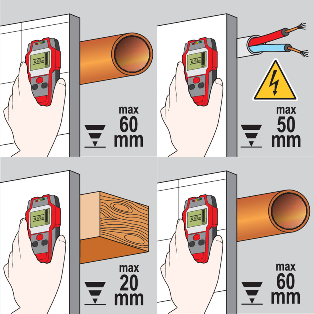 Rilevatore professionale di cavi e profili Yato, ampio display con retroilluminazione a LED, custodia inclusa, segnale acustico e tre LED di segnalazione, regolazione della potenza di rilevamento, YT-73131