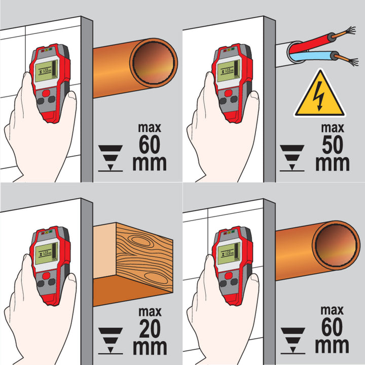 Rilevatore professionale di cavi e profili Yato, ampio display con retroilluminazione a LED, custodia inclusa, segnale acustico e tre LED di segnalazione, regolazione della potenza di rilevamento, YT-73131