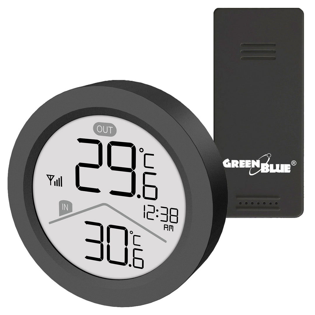 Stazione meteorologica wireless GreenBlue, temperatura interna/esterna, orologio, selezione °C / °F, portata fino a 60 m, nera, GB162 B