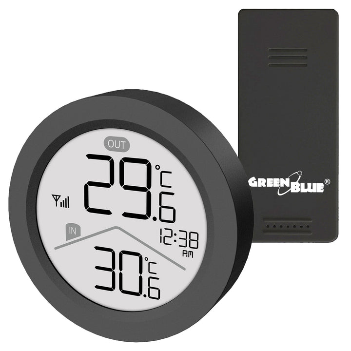 Stazione meteorologica wireless GreenBlue, temperatura interna/esterna, orologio, selezione °C / °F, portata fino a 60 m, nera, GB162 B