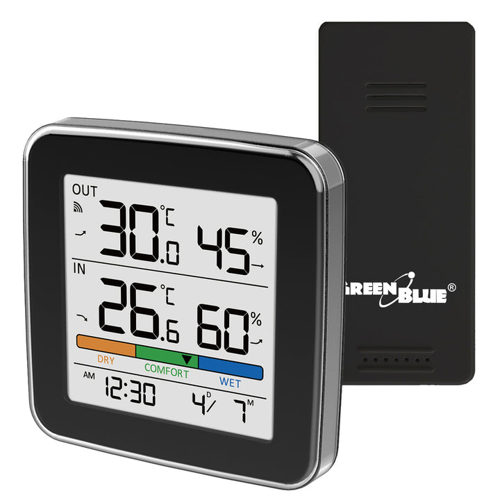 Stazione meteorologica wireless GreenBlue, temperatura e umidità interna/esterna, orologio, sveglia e data, °C / °F, fino a 60 m, nera, GB169 B