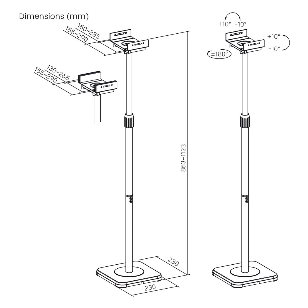 Set di supporti da pavimento per diffusori Maclean, universali, regolabili in verticale e in orizzontale da +10° a -10°, max. 5 kg, MC-916