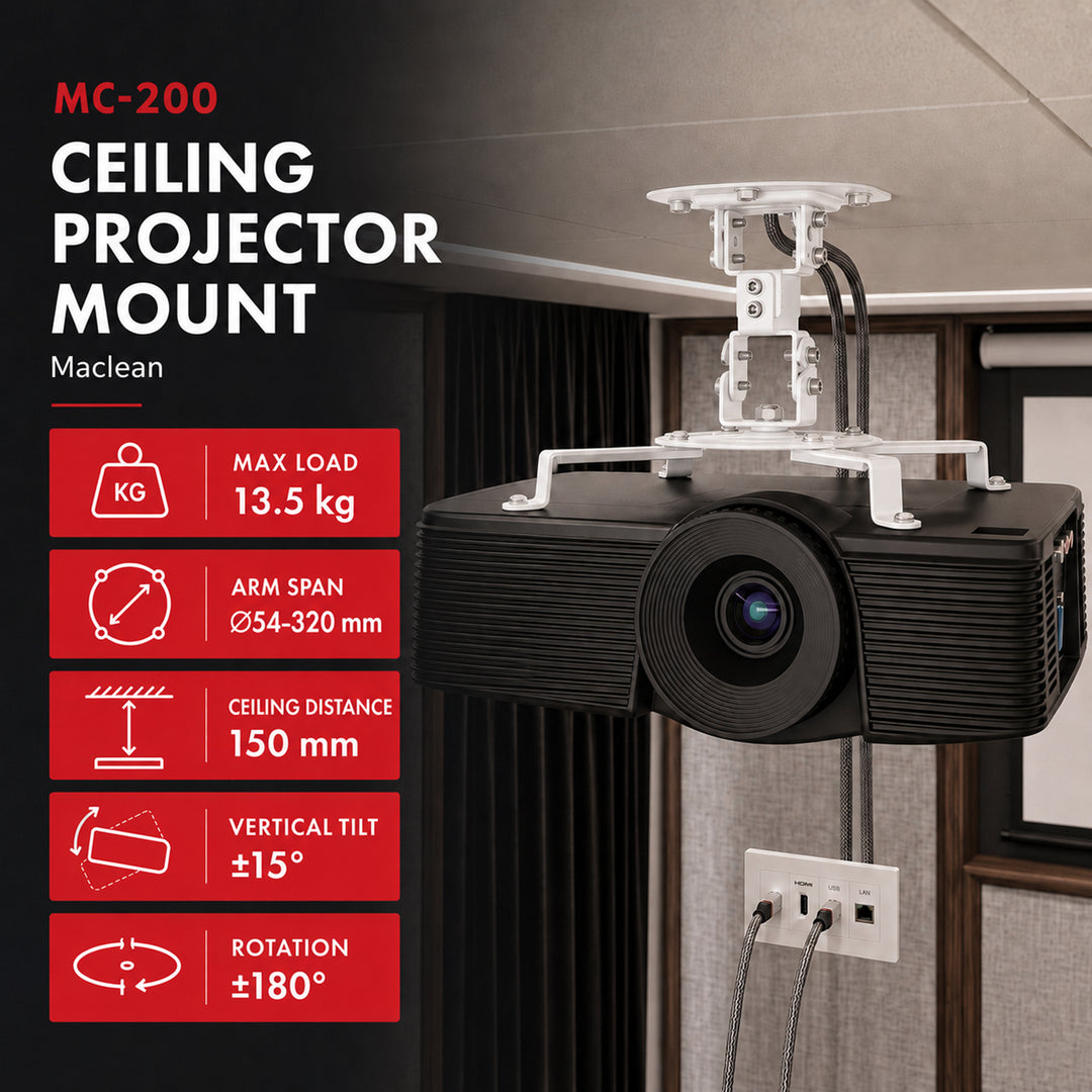 Supporto / gancio da soffitto per proiettore Maclean, 54~320 mm, fino a 13,5 kg, rotazione a 360 gradi MC-200 W