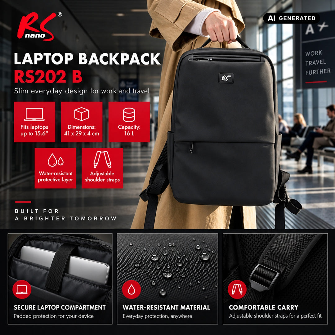 Zaino per laptop NanoRS, 15,6", nero, 41x29x4, impermeabile RS202 B
