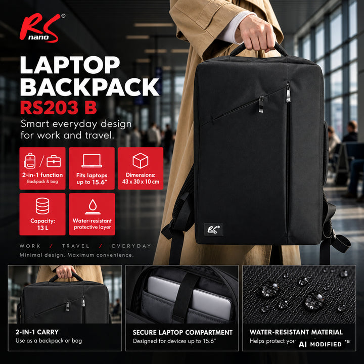 Zaino per laptop NanoRS, 15,6", nero, 43x30x10, impermeabile RS203 B