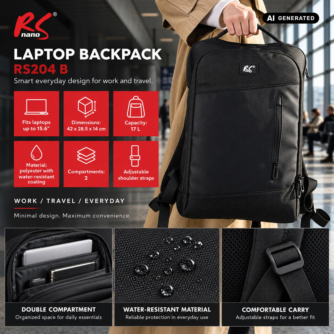 Zaino per laptop NanoRS, 15,6", nero, 42x28,5x14, impermeabile RS204 B