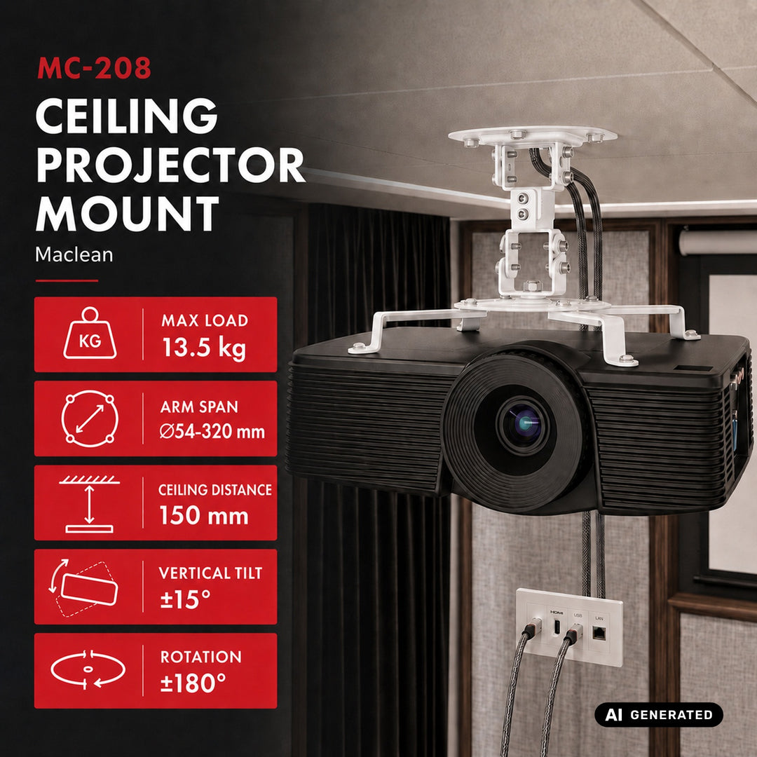 Supporto / gancio a soffitto per proiettore Maclean, in acciaio, 180~310 mm, fino a 15 kg, MC-208 W